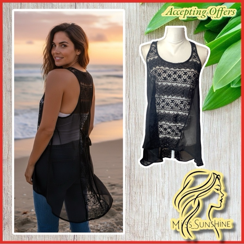 Cozy -Sz M - cotton / nylon - lace cover up hi low sheer sleeveless flowy top